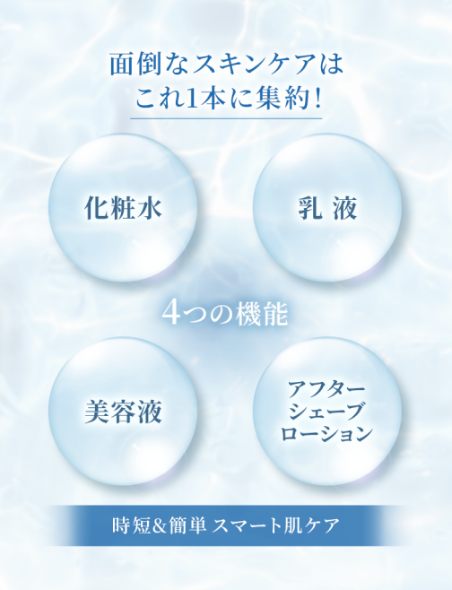 面倒なスキンケアはこれ1本に集約!「化粧水」「乳液」「美容液」「アフターシェーブローション」4つの機能。時短and簡単スマート肌ケア