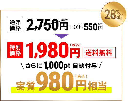通常価格2750円税込み＋送料550円税込みから28%offの特別価格1980円税込み＋送料無料。さらに1000pt自動付与で実質980円税込み相当
